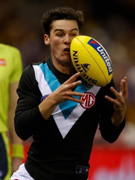 Connor Rozee of the Power in action during the 2021 AFL Round 16 match between the Hawthorn Hawks and the Port Adelaide Power at Marvel Stadium on...