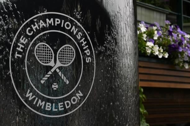 The Wimbledon logo on a water feature on the sixth day of the 2021 Wimbledon Championships at The All England Tennis Club in Wimbledon, southwest...
