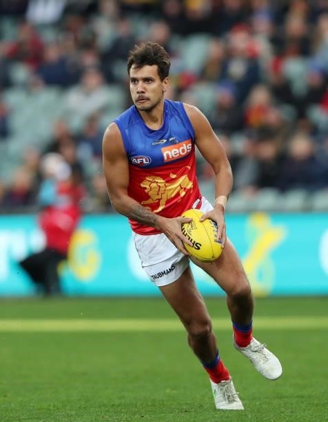 Callum Ah Chee of the Lions during the 2021 AFL Round 16 match between the Adelaide Crows and the Brisbane Lions at Adelaide Oval on July 3, 2021 in...