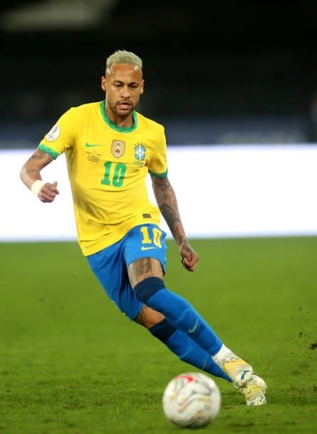 Neymar Jr of Brazil in action ,during the Quarterfinal match between Brazil and Chile as part of Conmebol Copa America Brazil 2021 at Estadio...