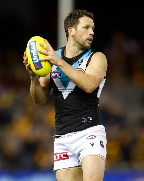 Travis Boak of the Power in action during the 2021 AFL Round 16 match between the Hawthorn Hawks and the Port Adelaide Power at Marvel Stadium on...