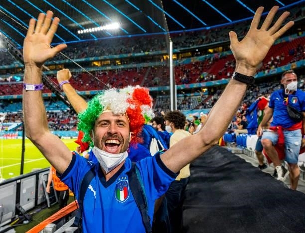 Fans of Italy are seen during the UEFA Euro 2020 Championship Quarter-final match between Belgium and Italy at Football Arena Munich on July 02, 2021...