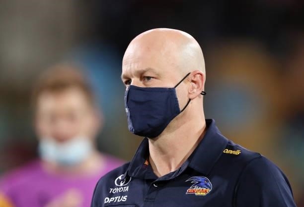 Matthew Nicks, Senior Coach of the Crows during the 2021 AFL Round 16 match between the Adelaide Crows and the Brisbane Lions at Adelaide Oval on...