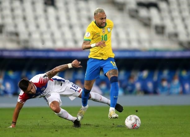 Neymar Jr of Brazil competes for the ball with Sebastian Vegas of Chile ,during the Quarterfinal match between Brazil and Chile as part of Conmebol...