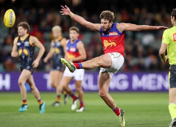 Grant Birchall of the Lions kicks the ball during the 2021 AFL Round 16 match between the Adelaide Crows and the Brisbane Lions at Adelaide Oval on...
