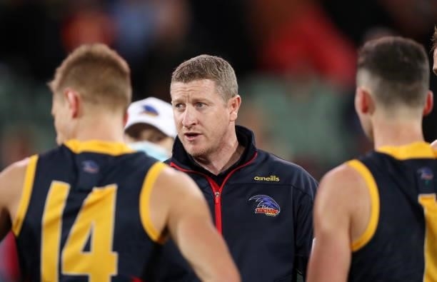 Scott Burns, Senior Assistant Coach of the Crows at 3 quarter time during the 2021 AFL Round 16 match between the Adelaide Crows and the Brisbane...