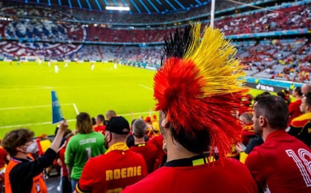 Fans of Belgium are seen during the UEFA Euro 2020 Championship Quarter-final match between Belgium and Italy at Football Arena Munich on July 02,...