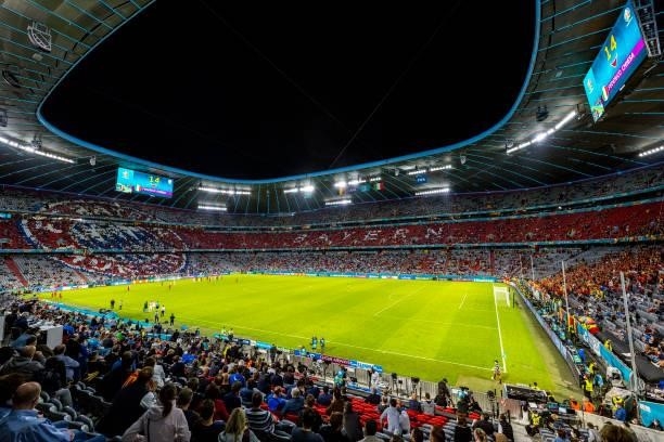 Arena is seen during the UEFA Euro 2020 Championship Quarter-final match between Belgium and Italy at Football Arena Munich on July 02, 2021 in...
