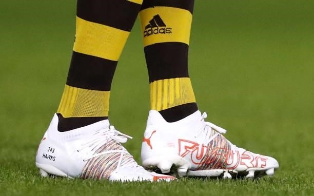 The boots of Shaun Burgoyne of the Hawks are seen during the 2021 AFL Round 16 match between the Hawthorn Hawks and the Port Adelaide Power at Marvel...