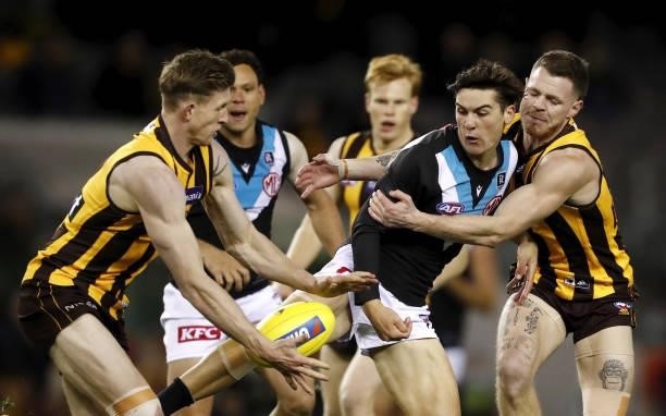 Blake Hardwick of the Hawks, Connor Rozee of the Power, and Sam Frost of the Hawks compete for the ball during the 2021 AFL Round 16 match between...