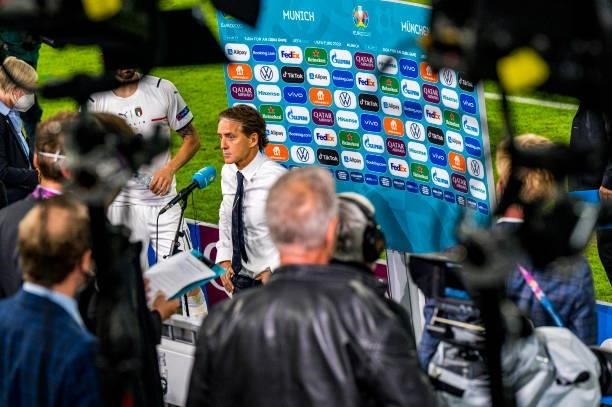 Head coach of Italy, Roberto Mancini, is seen after the UEFA Euro 2020 Championship Quarter-final match between Belgium and Italy at Football Arena...