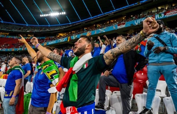 Fans of Italy are seen during the UEFA Euro 2020 Championship Quarter-final match between Belgium and Italy at Football Arena Munich on July 02, 2021...