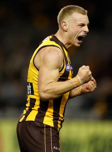 James Worpel of the Hawks celebrates a goal during the 2021 AFL Round 16 match between the Hawthorn Hawks and the Port Adelaide Power at Marvel...
