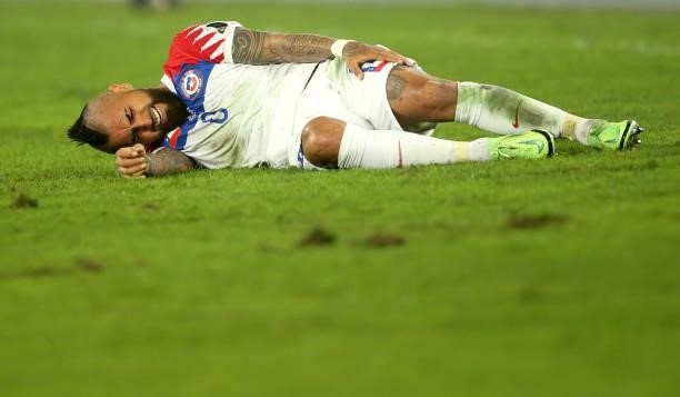 Arturo Vidal of Chile injuried ,during the Quarterfinal match between Brazil and Chile as part of Conmebol Copa America Brazil 2021 at Estadio...