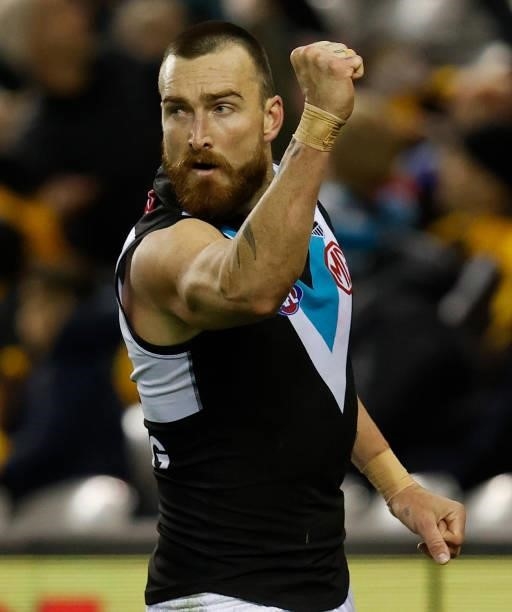 Charlie Dixon of the Power celebrates a goal during the 2021 AFL Round 16 match between the Hawthorn Hawks and the Port Adelaide Power at Marvel...