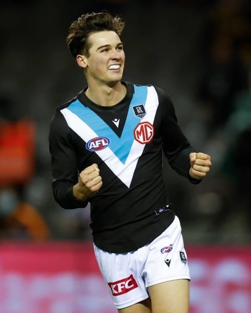 Connor Rozee of the Power celebrates a goal during the 2021 AFL Round 16 match between the Hawthorn Hawks and the Port Adelaide Power at Marvel...