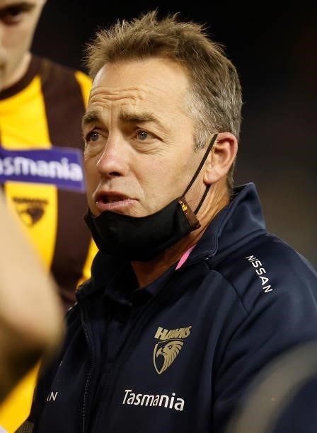 Alastair Clarkson, Senior Coach of the Hawks addresses his players during the 2021 AFL Round 16 match between the Hawthorn Hawks and the Port...