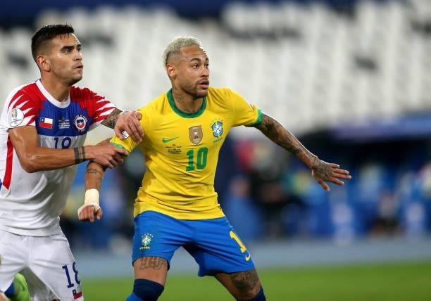 Neymar Jr of Brazil competes with Sebastian Vegas of Chile ,during the Quarterfinal match between Brazil and Chile as part of Conmebol Copa America...