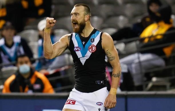 Charlie Dixon of the Power celebrates a goal during the 2021 AFL Round 16 match between the Hawthorn Hawks and the Port Adelaide Power at Marvel...