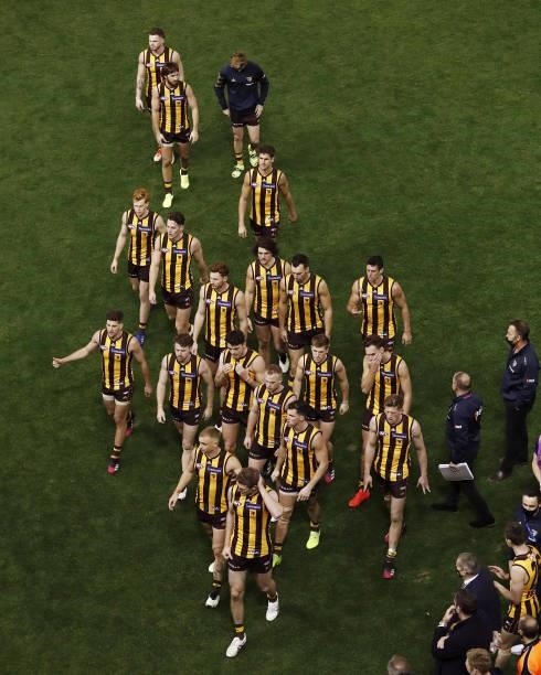 Hawthorn leave the field after a loss during the 2021 AFL Round 16 match between the Hawthorn Hawks and the Port Adelaide Power at Marvel Stadium on...