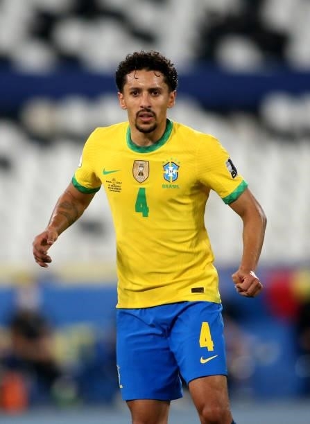 Marquinhos of Brazil in action ,during the Quarterfinal match between Brazil and Chile as part of Conmebol Copa America Brazil 2021 at Estadio...