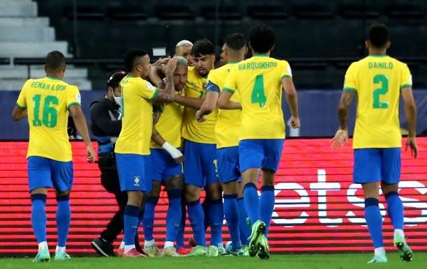 Lucas Paqueta of Brazil celebrates with his team mates after scores his goal ,during the Quarterfinal match between Brazil and Chile as part of...