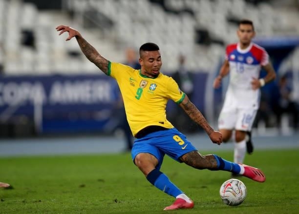 Gabriel Jesus of Brazil kicks on goal ,during the Quarterfinal match between Brazil and Chile as part of Conmebol Copa America Brazil 2021 at Estadio...