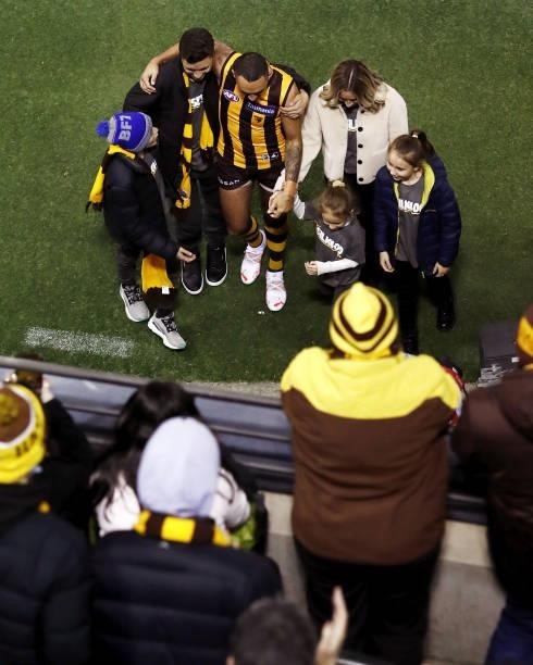 Shaun Burgoyne of the Hawks leaves the field with his family after his 400th game during the 2021 AFL Round 16 match between the Hawthorn Hawks and...