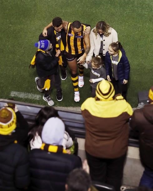 Shaun Burgoyne of the Hawks leaves the field with his family after his 400th game during the 2021 AFL Round 16 match between the Hawthorn Hawks and...