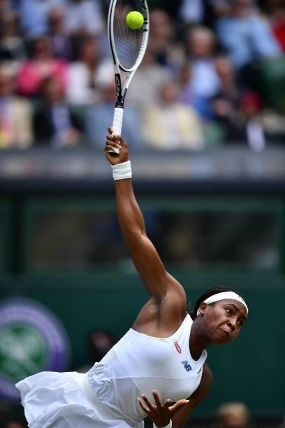 Player Coco Gauff serves an ace against Slovenia's Kaja Juvan during their women's singles third round match on the sixth day of the 2021 Wimbledon...