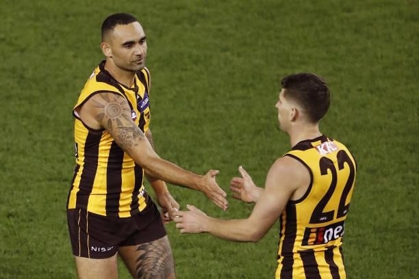 Shaun Burgoyne of the Hawks celebrates a goal with Luke Breust of the Hawks during the 2021 AFL Round 16 match between the Hawthorn Hawks and the...