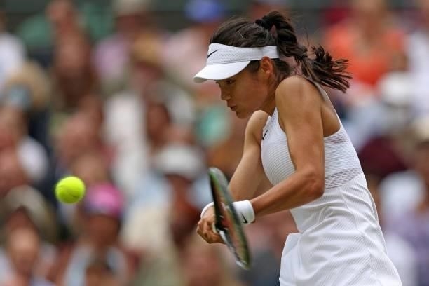 Britain's Emma Raducanu returns against Romania's Sorana Cirstea during their women's singles third round match on the sixth day of the 2021...