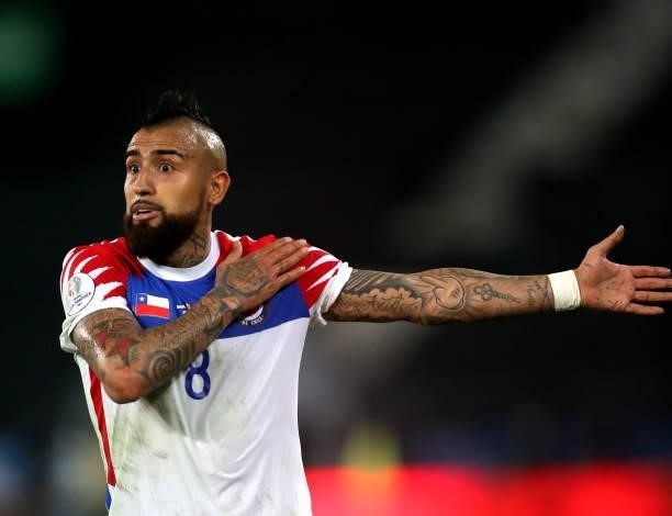 Arturo Vidal of Chile reacts ,during the Quarterfinal match between Brazil and Chile as part of Conmebol Copa America Brazil 2021 at Estadio Olímpico...