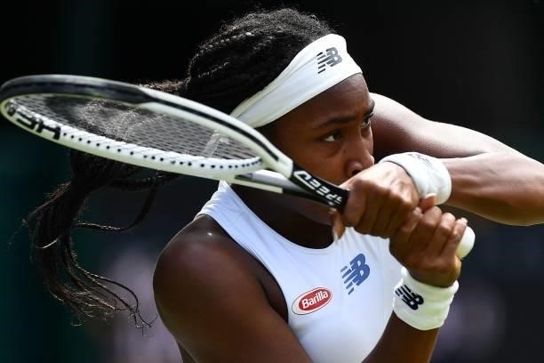 Player Coco Gauff returns against Slovenia's Kaja Juvan during their women's singles third round match on the sixth day of the 2021 Wimbledon...