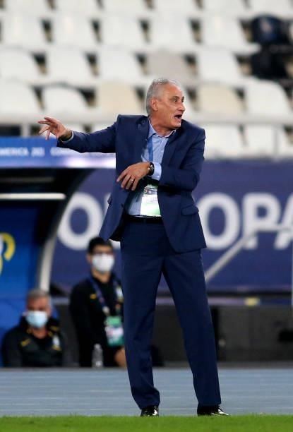 Tite Bacchi Head Coach of Brazil reacts ,during the Quarterfinal match between Brazil and Chile as part of Conmebol Copa America Brazil 2021 at...
