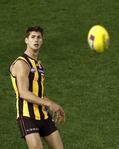 Daniel Howe of the Hawks looks on as he kicks the ball during the 2021 AFL Round 16 match between the Hawthorn Hawks and the Port Adelaide Power at...