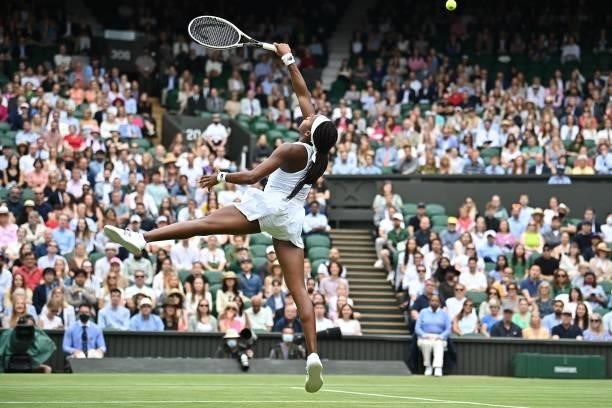 Player Coco Gauff misses a lob and loses a point to Slovenia's Kaja Juvan during their women's singles third round match on the sixth day of the 2021...