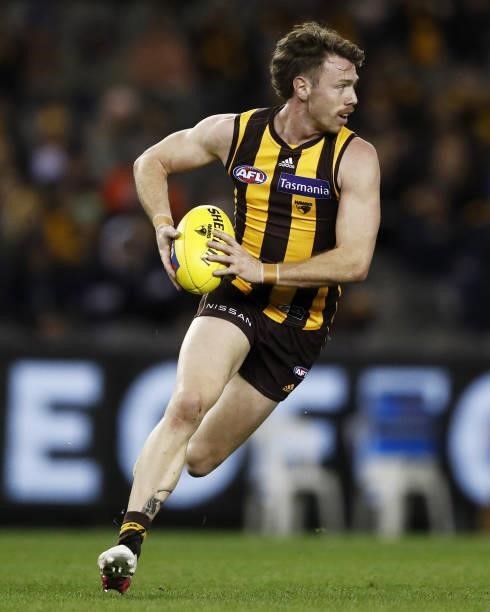 Lachlan Bramble of the Hawks in action during the 2021 AFL Round 16 match between the Hawthorn Hawks and the Port Adelaide Power at Marvel Stadium on...