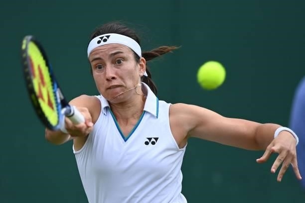Latvia's Anastasija Sevastova returns to Czech Republic's Barbora Krejcikova during their women's singles third round match on the sixth day of the...