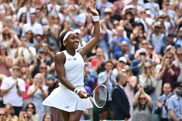 Player Coco Gauff celebrates her win against Slovenia's Kaja Juvan during their women's singles third round match on the sixth day of the 2021...