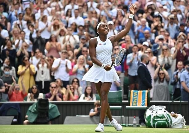 Player Coco Gauff celebrates her win against Slovenia's Kaja Juvan during their women's singles third round match on the sixth day of the 2021...