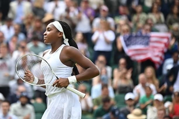Player Coco Gauff wins against Slovenia's Kaja Juvan during their women's singles third round match on the sixth day of the 2021 Wimbledon...