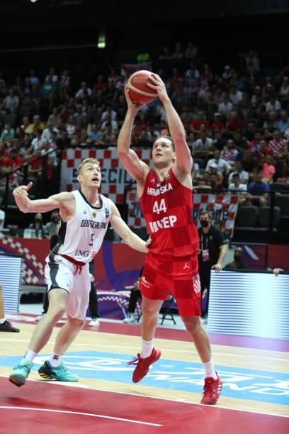 Bojan Bogdanovic of Croatia shoots during the 2020 FIBA Men's Olympic Qualifying Tournament game between Germany and Croatia at Spaladium Arena on...