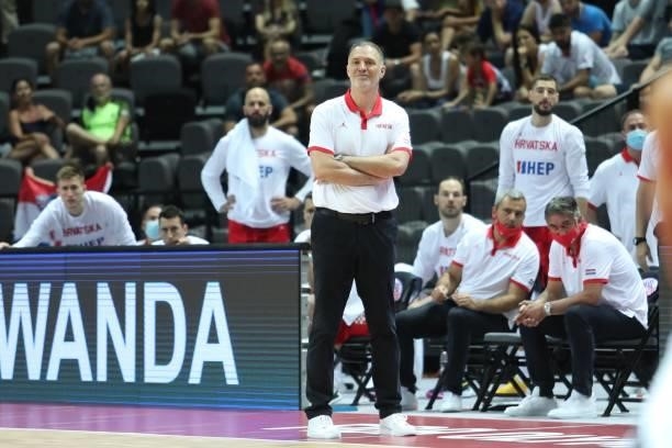 Croatia Head Coach Veljko Mrsic looks on during the 2020 FIBA Men's Olympic Qualifying Tournament game between Germany and Croatia at Spaladium Arena...