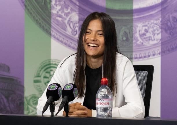 Britain's Emma Raducanu attends a press conference in the Main Interview Roomafter defeating Romania's Sorana Cirstea in their women's singles third...