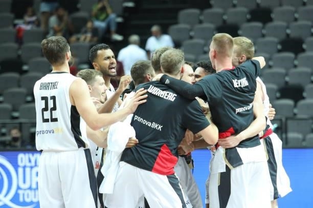 Germany players celebrate after the 2020 FIBA Men's Olympic Qualifying Tournament game between Germany and Croatia at Spaladium Arena on July 3, 2021...