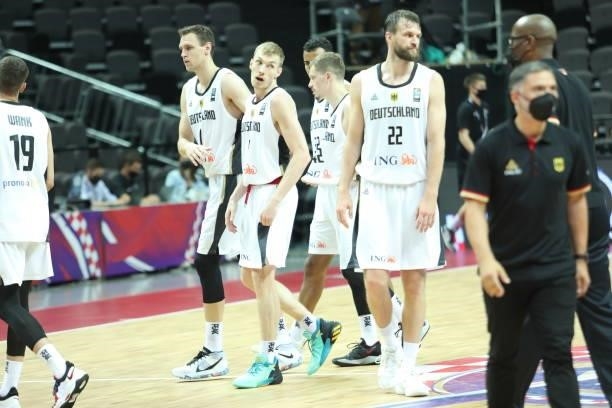 German players celebrate after the 2020 FIBA Men's Olympic Qualifying Tournament game between Germany and Croatia at Spaladium Arena on July 3, 2021...