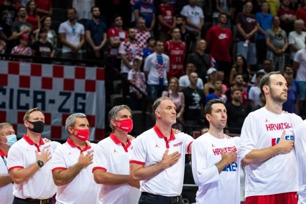 General view of the Spaladium arena with team Croatia during national anthem during the 2020 FIBA Men's Olympic Qualifying Tournament game between...