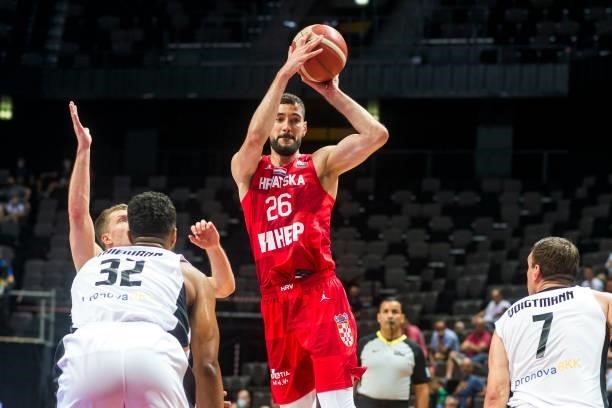 Luka Babic of Croatia shooting the ball during the 2020 FIBA Men's Olympic Qualifying Tournament game between Germany and Croatia at Spaladium Arena...
