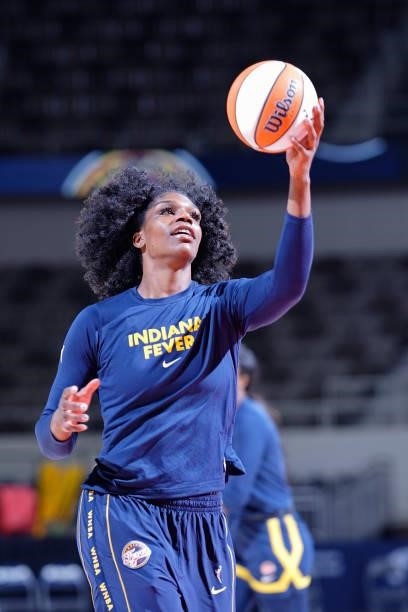 Teaira McCowan of the Indiana Fever warms up before the game against the Connecticut Sun on July 3, 2021 at Indiana Farmers Coliseum in Indianapolis,...